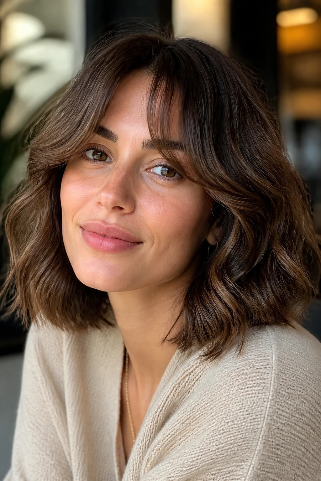 Portrait of curtain bangs with a wavy bob on a real woman