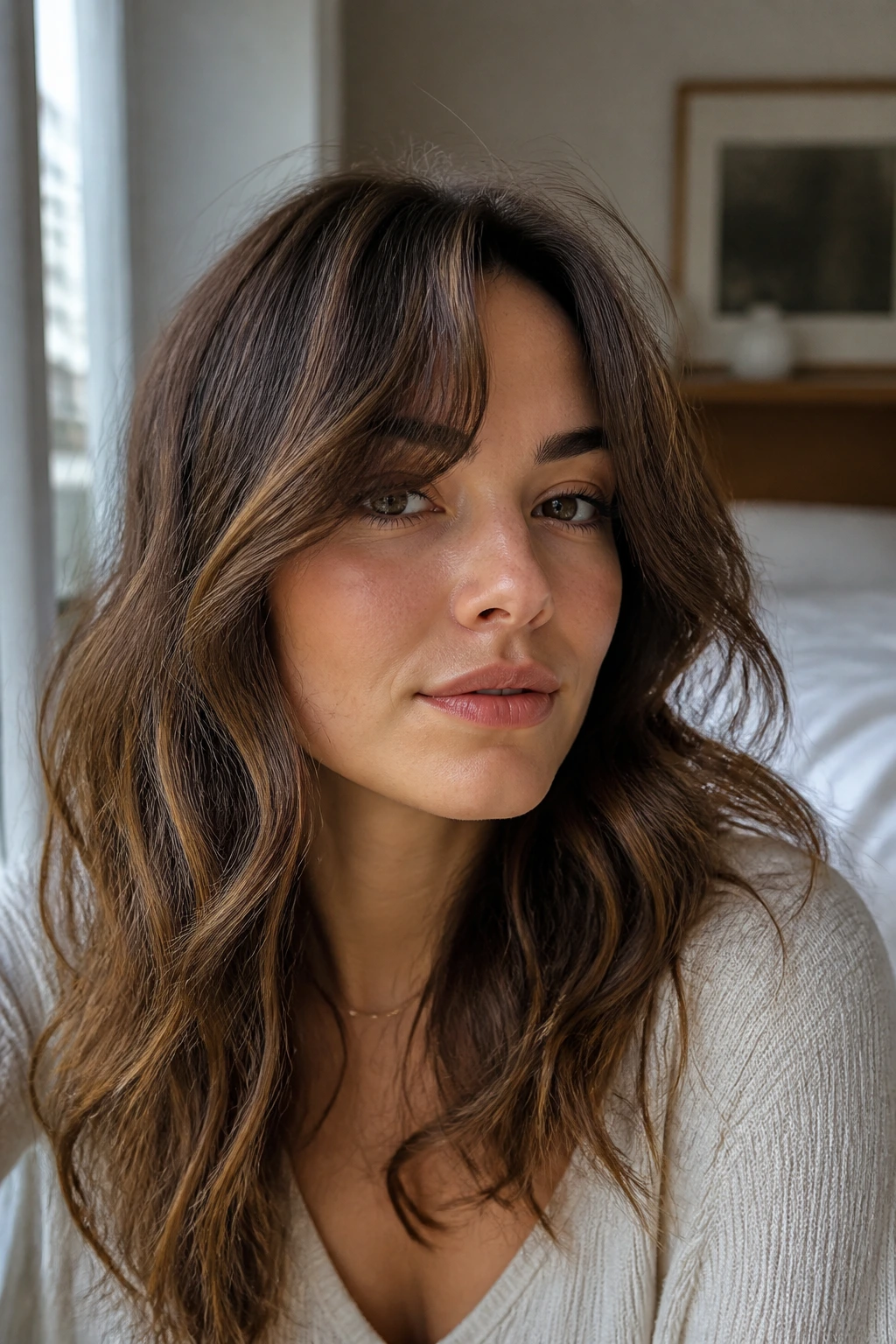 Close-up portrait of a real woman with curtain bangs on wavy hair in a sunlit bedroom