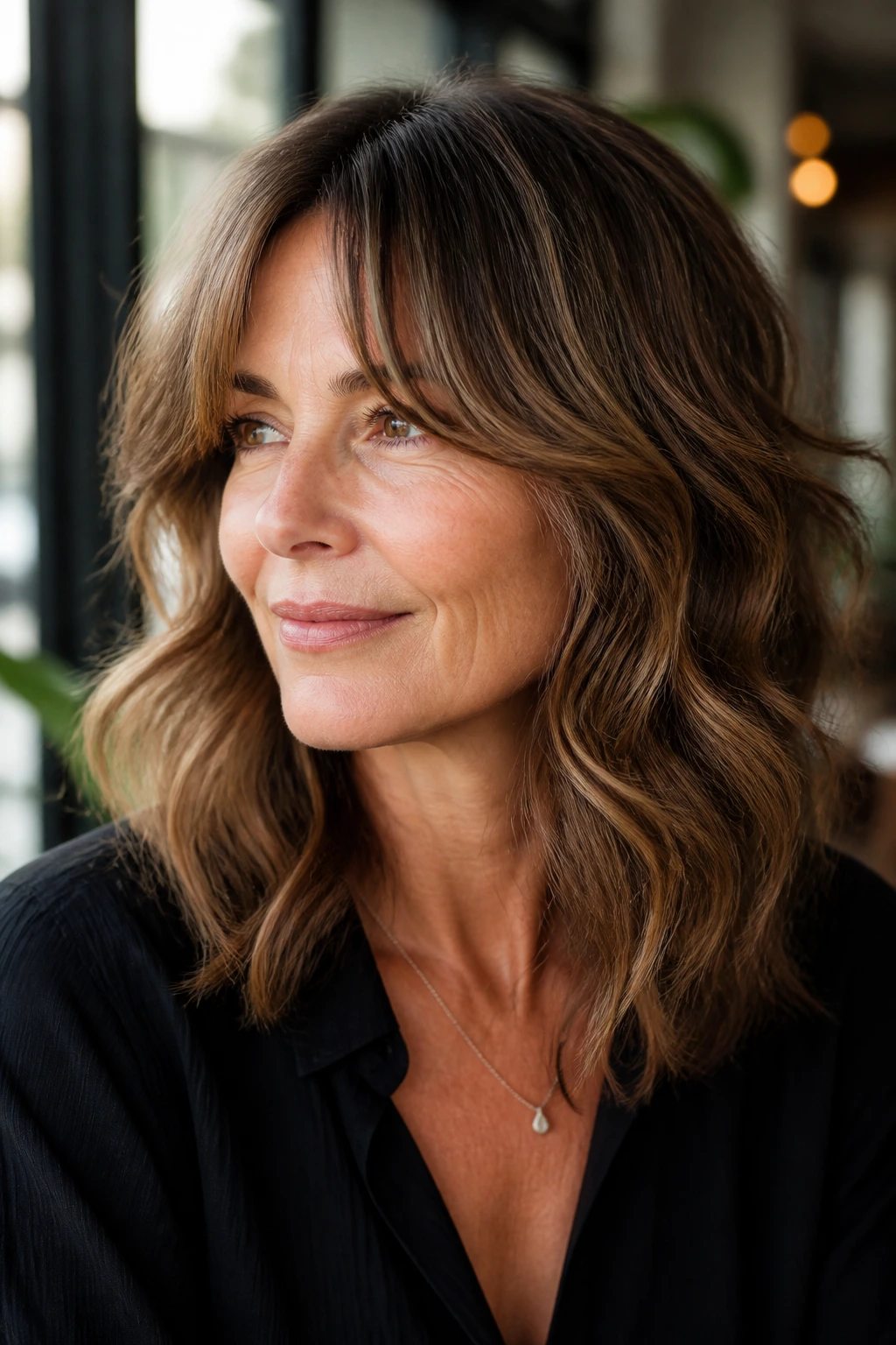 Close-up portrait of a real woman with Curtain Bangs and Wavy Lengths featuring curtain bangs and waves
