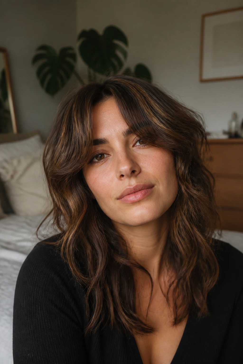 Close-up portrait of curtain bangs with wavy lengths on a real woman in a cozy bedroom