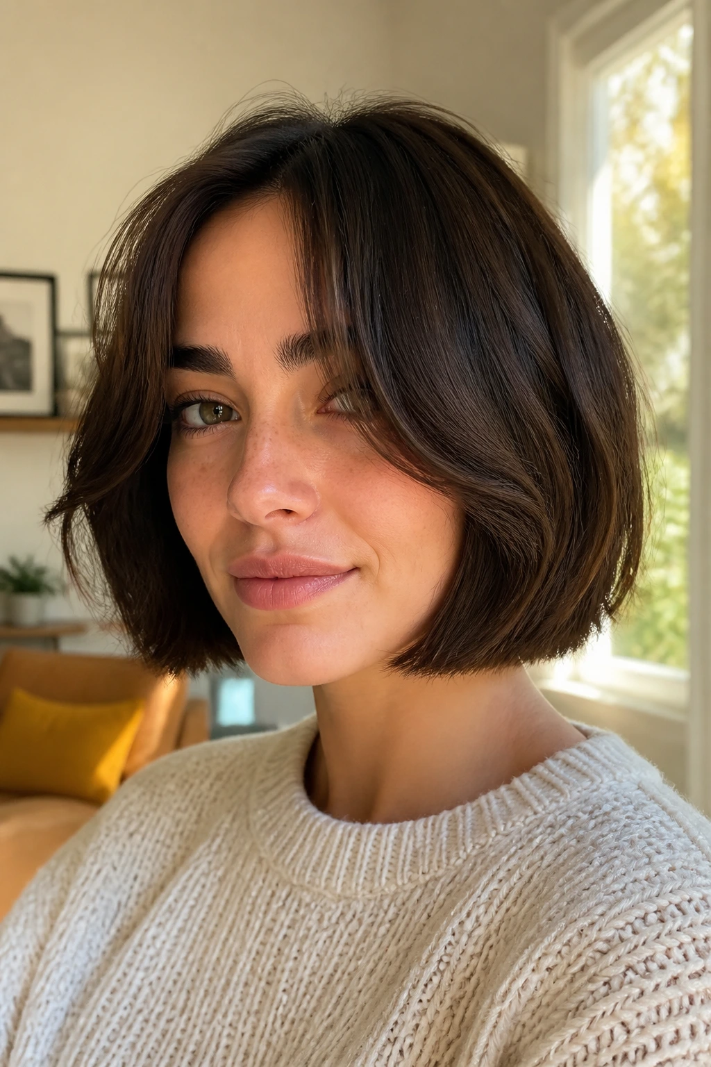 Woman with chin-length curtain bob portrait