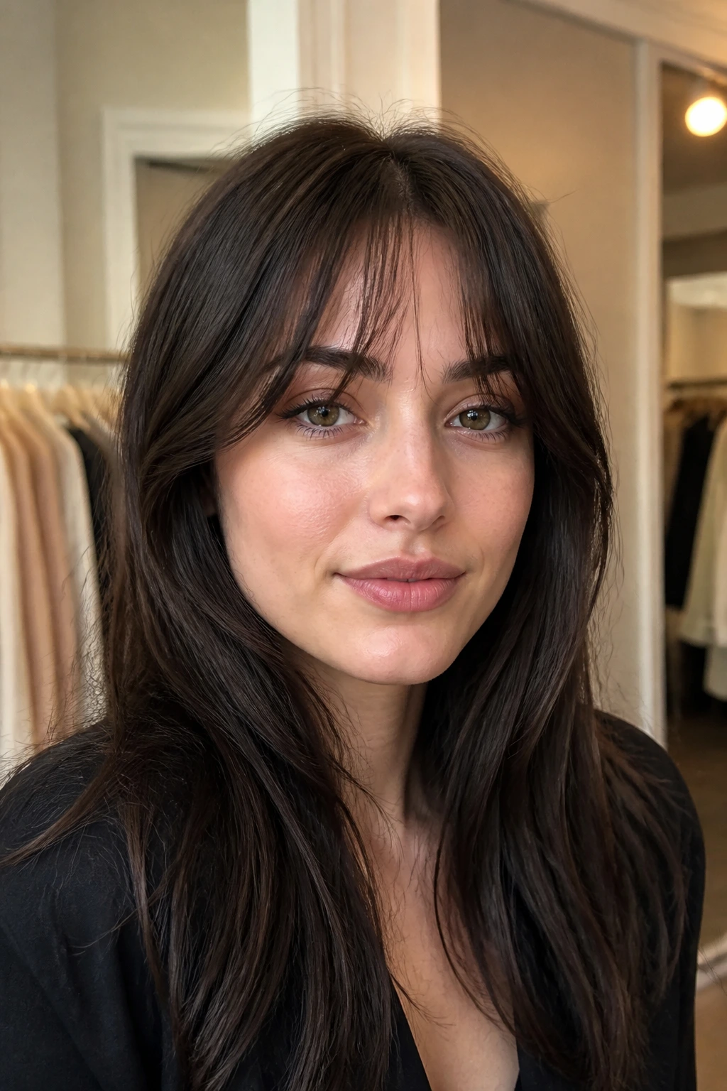 Close-up portrait of a real woman with curtain-to-brow fringe in a soft dressing room setting