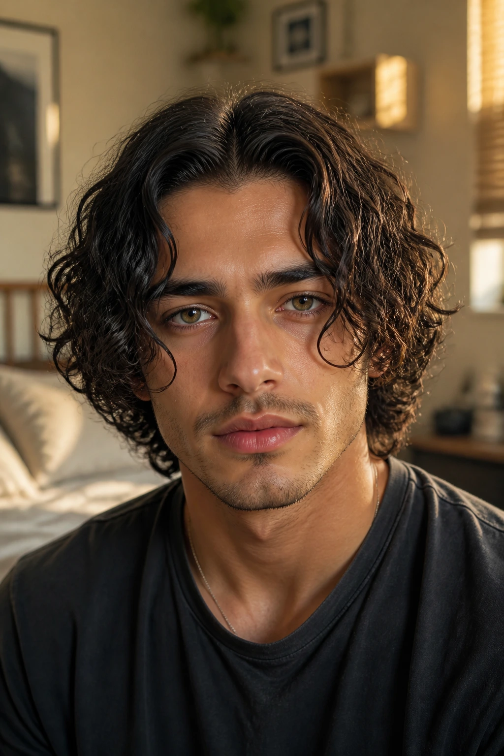 Close-up portrait of a real man with curtain curls and a center part framing the face.