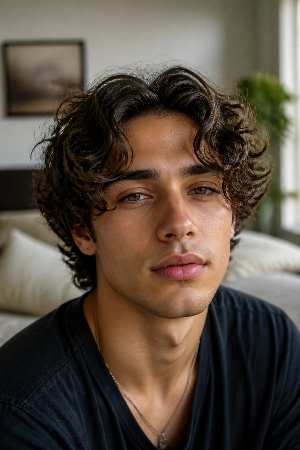 Close-up of a man with curtain curls and middle part in a bedroom