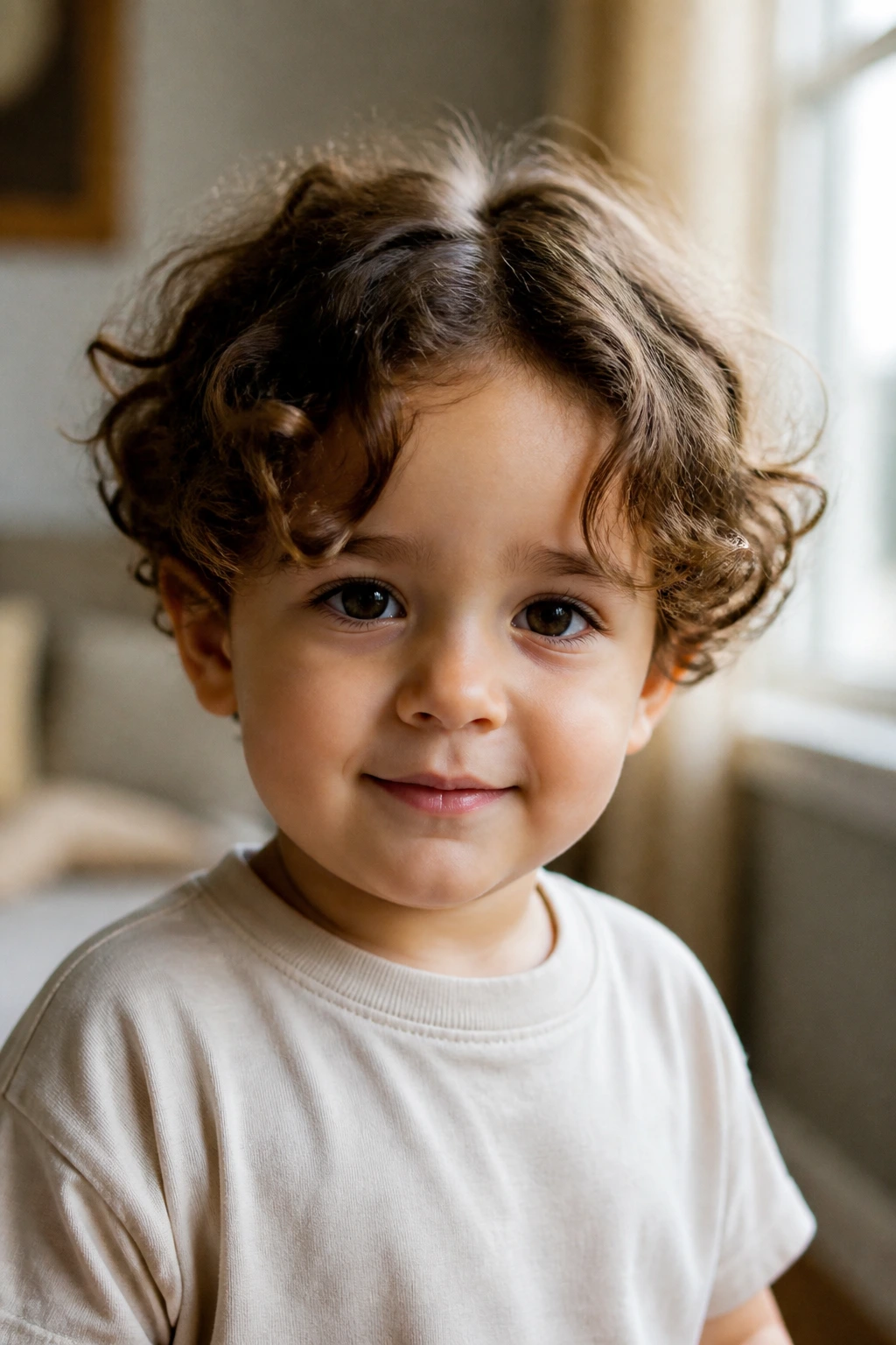 Toddler boy curtain curls with face-framing front layers in soft light