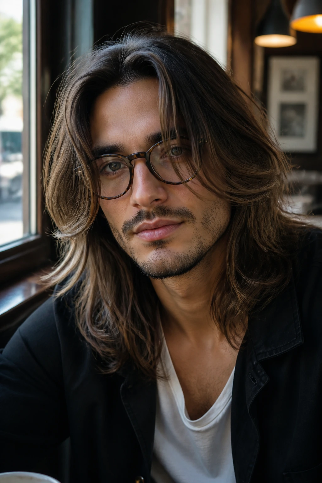 Man with curtain cut center-part long fringe framing the face