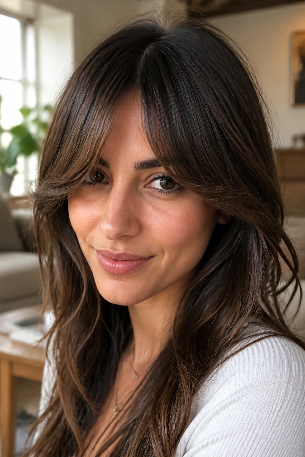 Close-up of a real woman with curtain-end bottleneck bangs under warm daylight