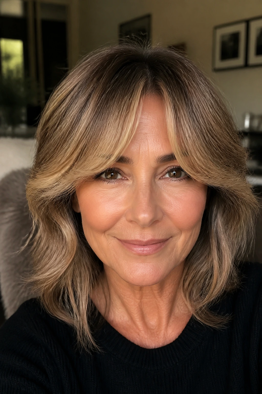 Close-up of a real woman wearing curtain feathered bangs