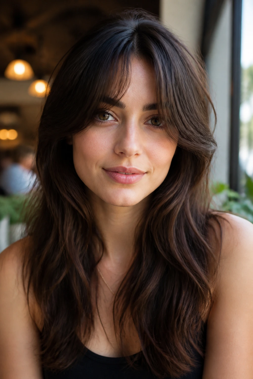 Portrait of a woman with curtain-flip fringe and long hair