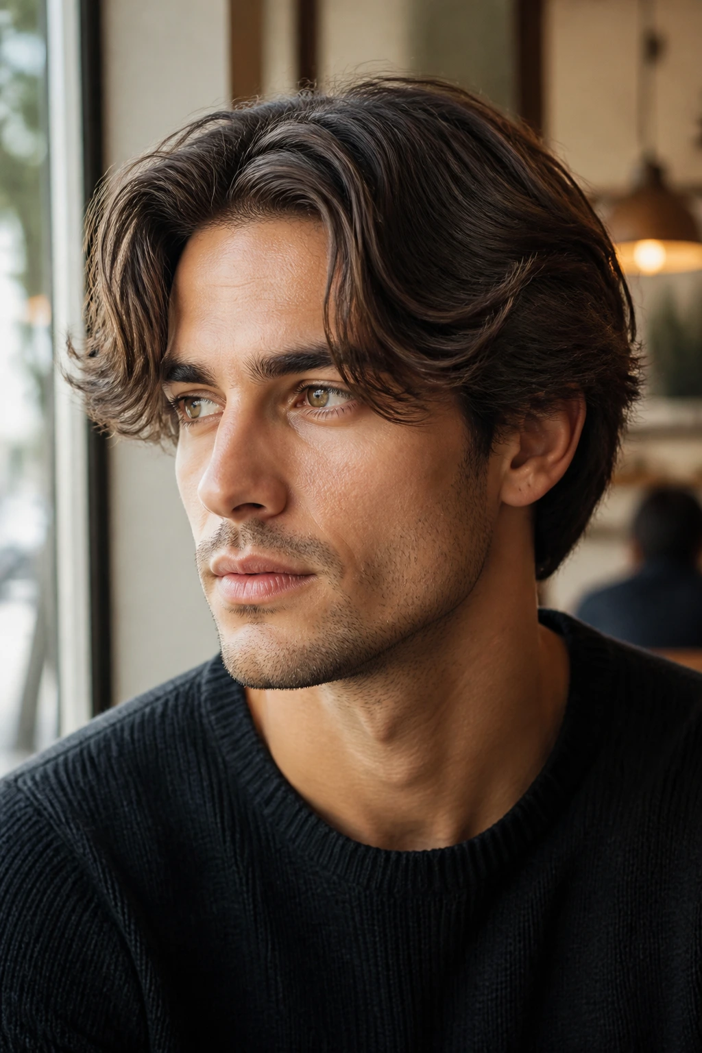 Man with curtain flowing waves and soft middle part in warm cafe light