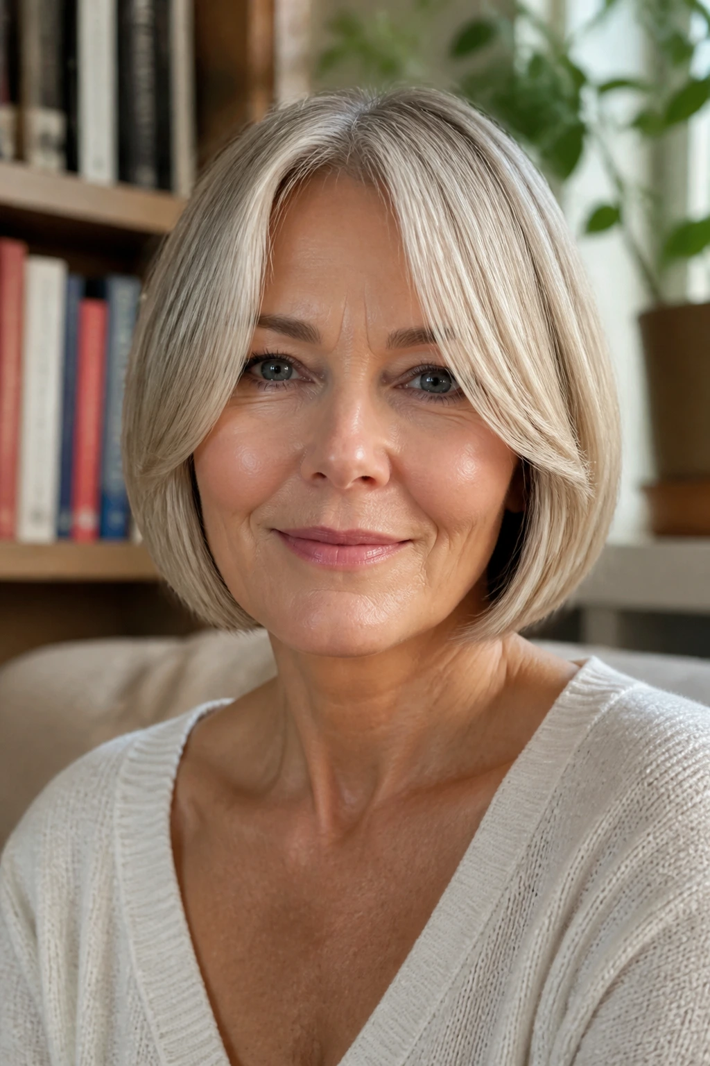 Real woman with curtain-fringe bob and center-part in a cozy reading nook.