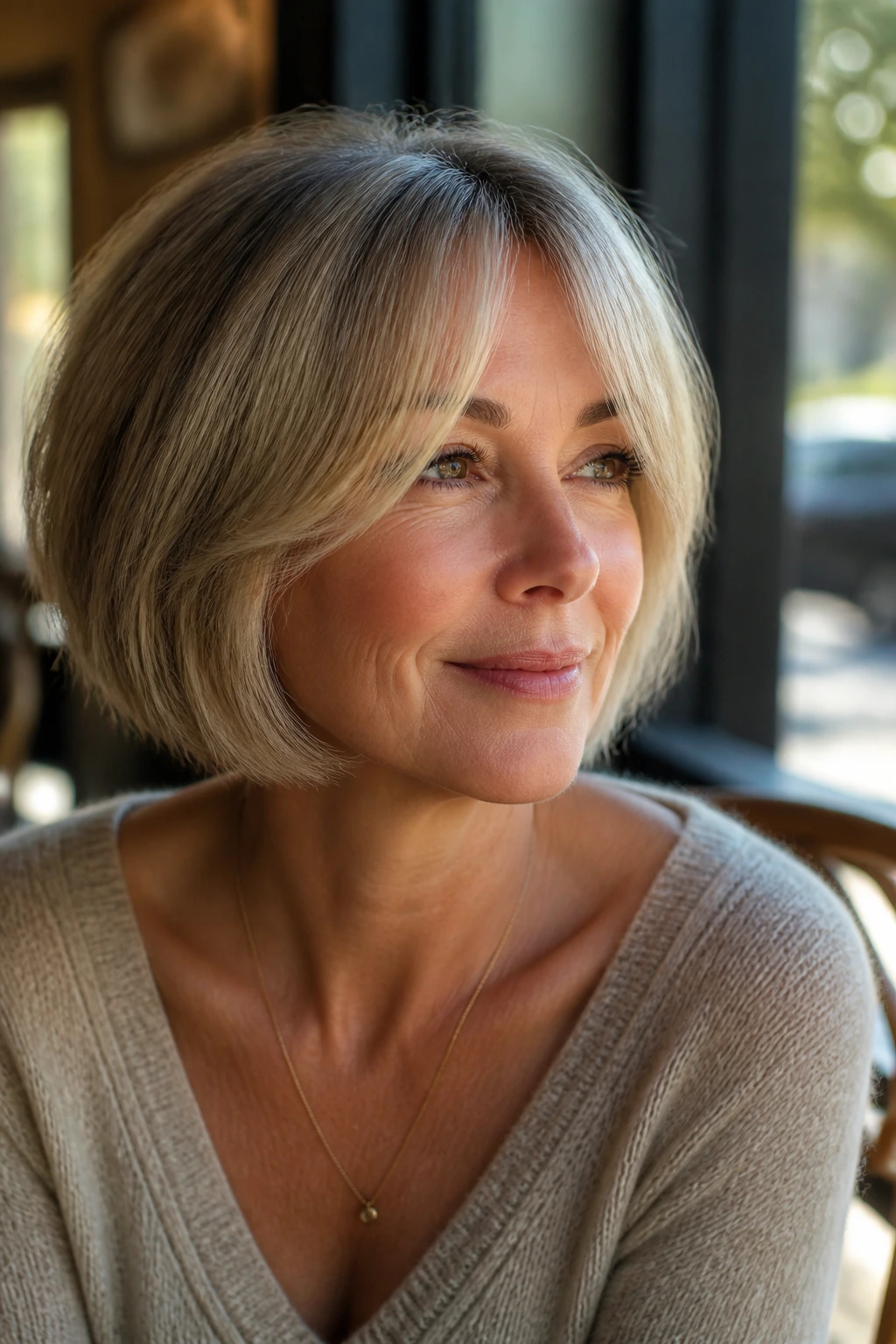 Close-up portrait of a real woman with curtain fringe blending into the sides in natural light
