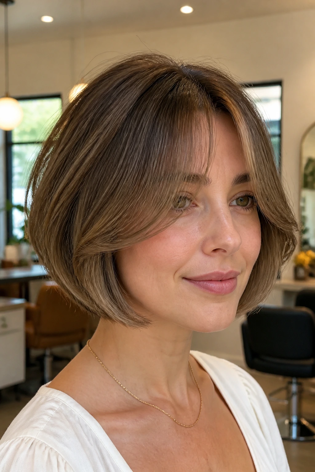 Real woman with curtain fringe bob and under-layer lift in a bright salon