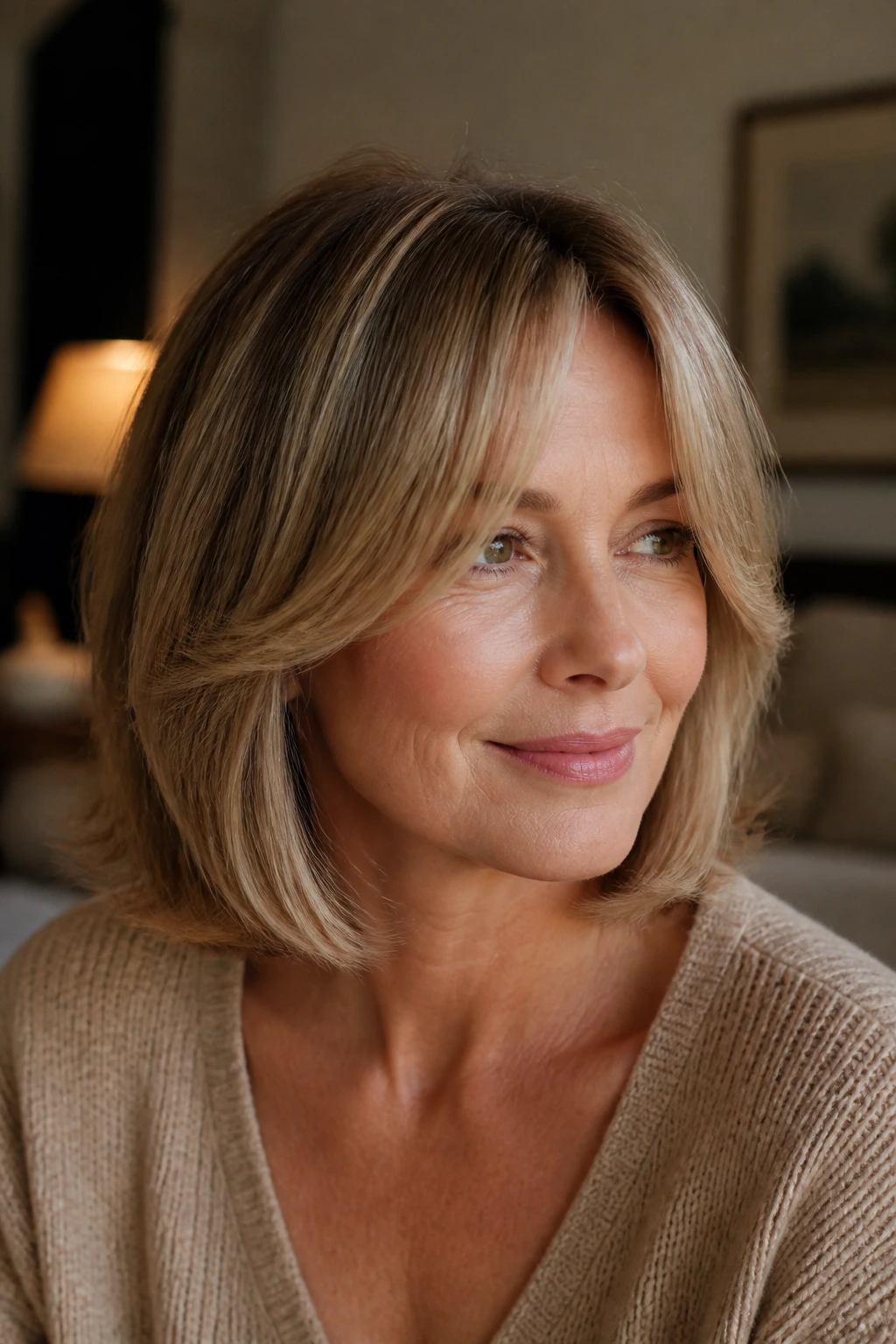 Portrait of a woman with a soft curtain fringe and cheekbone framing
