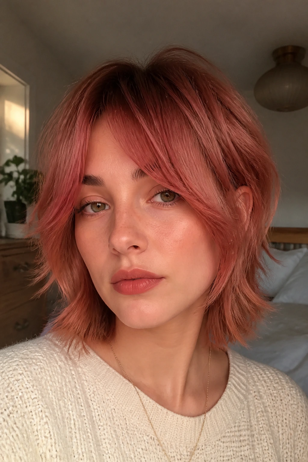 Close-up portrait of a real person with curtain fringe shag in copper rose