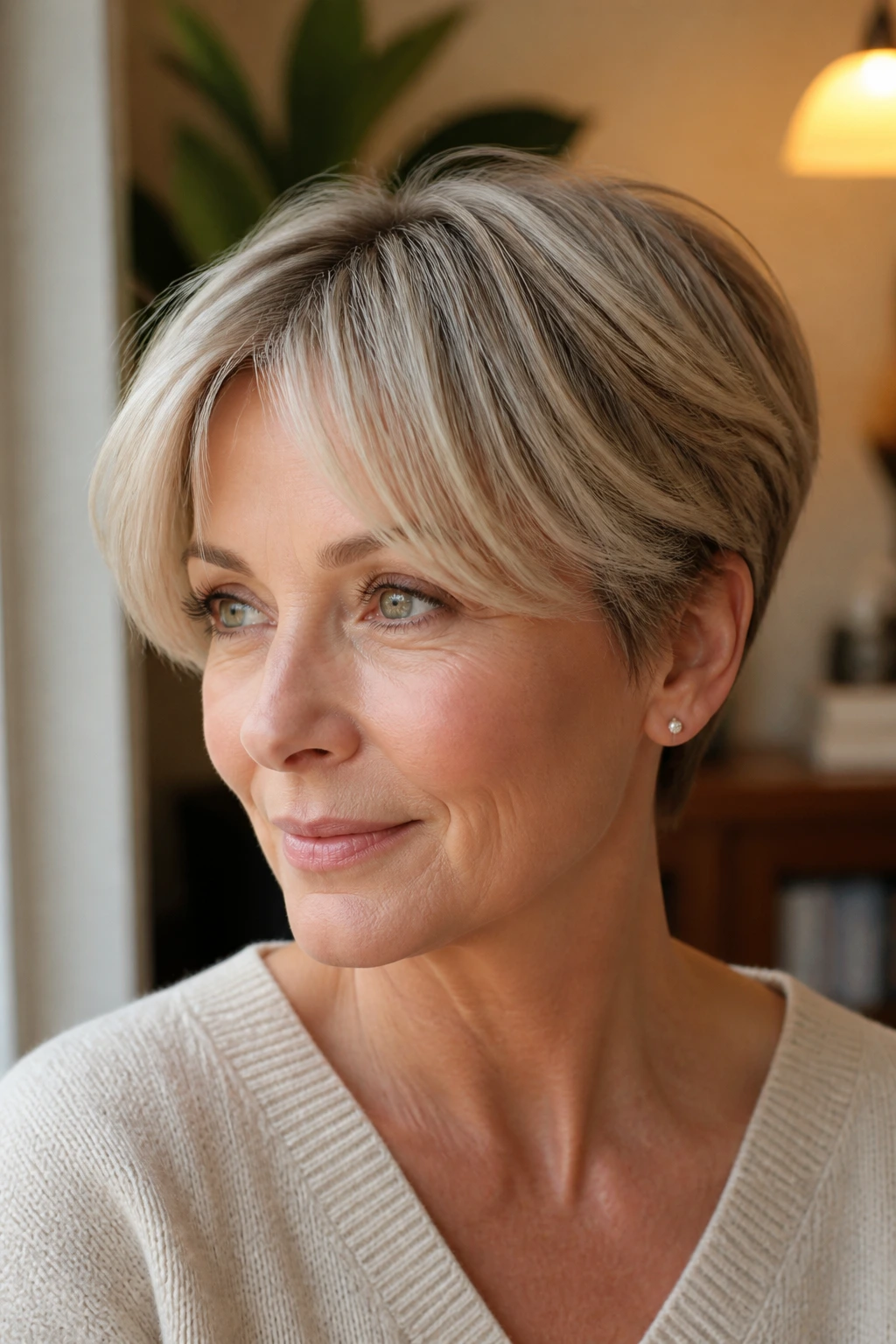 Close-up of a real person with curtain fringe crop hairstyle.