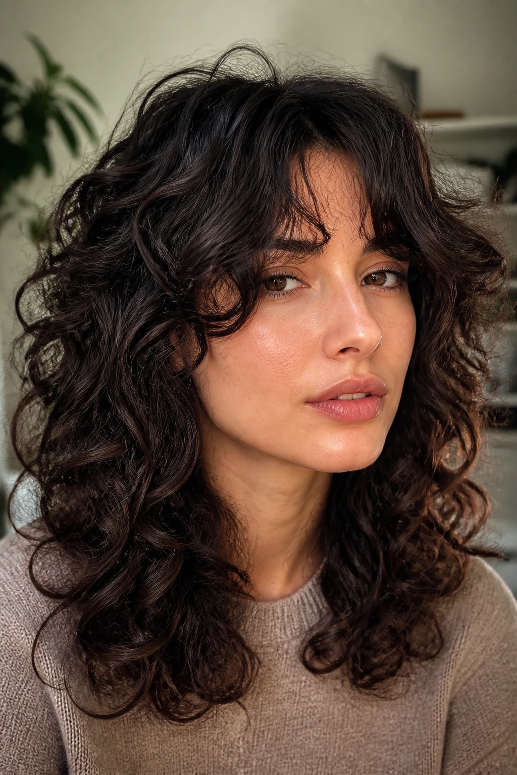 Portrait of curtain fringe curly shag on a real person
