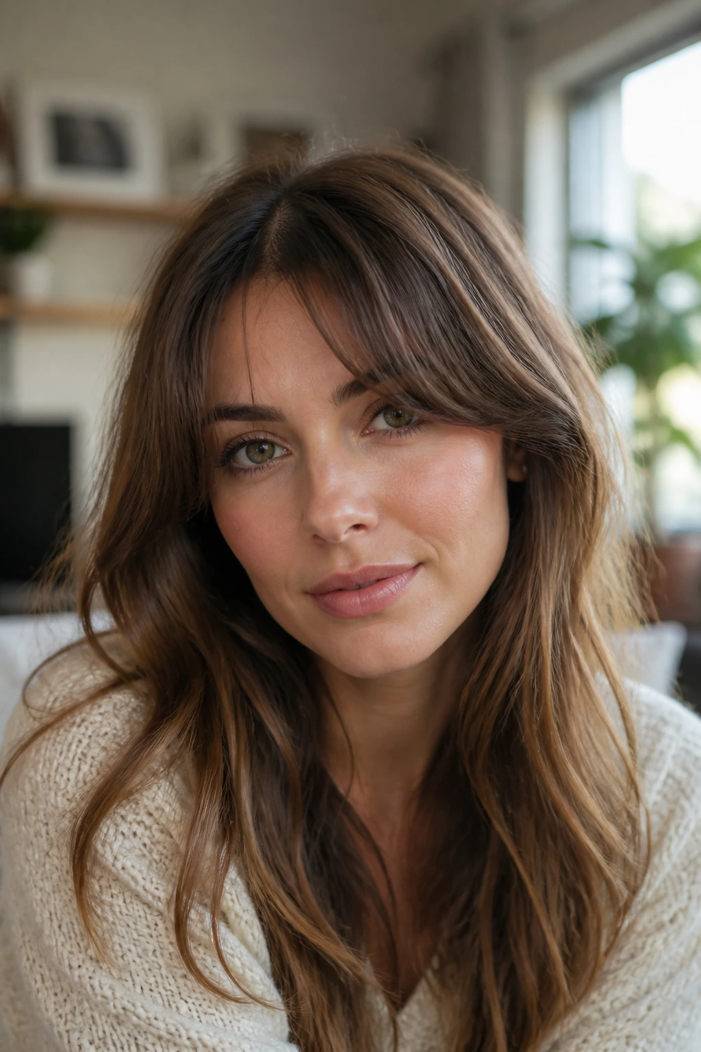 Real woman showcasing curtain fringe grow-out look in a cozy setting