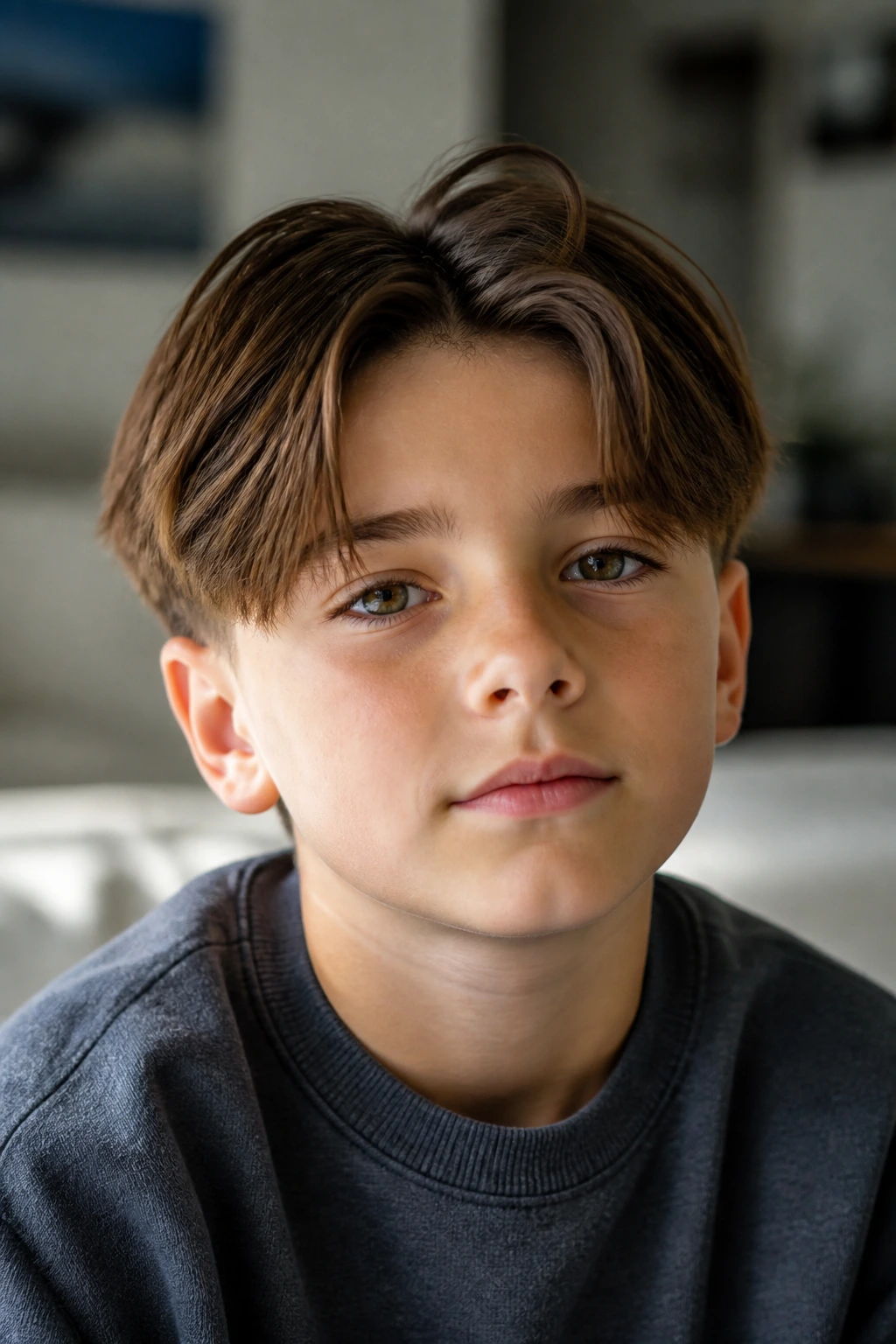 Close-up of real boy with curtain fringe framing forehead.