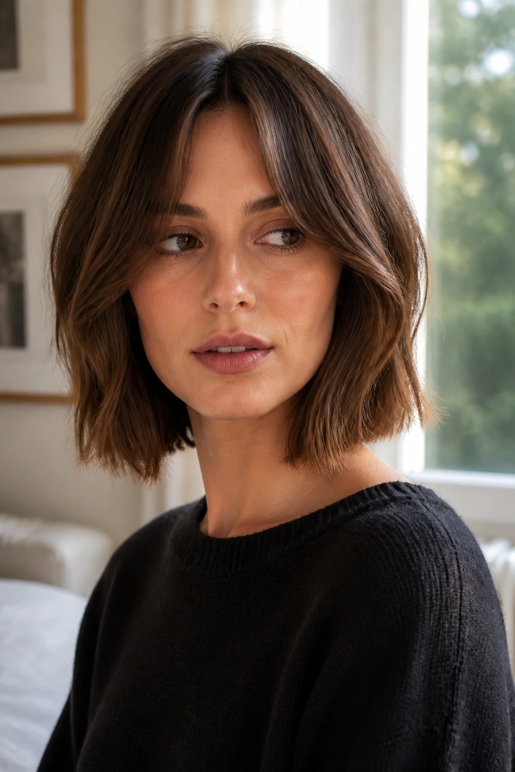 Portrait of a person with curtain fringe around the eyes