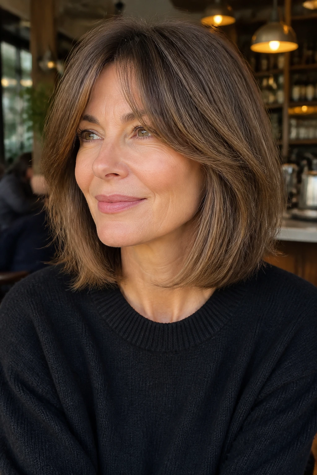 Close-up of a woman with a face-framing lob and curtain fringe