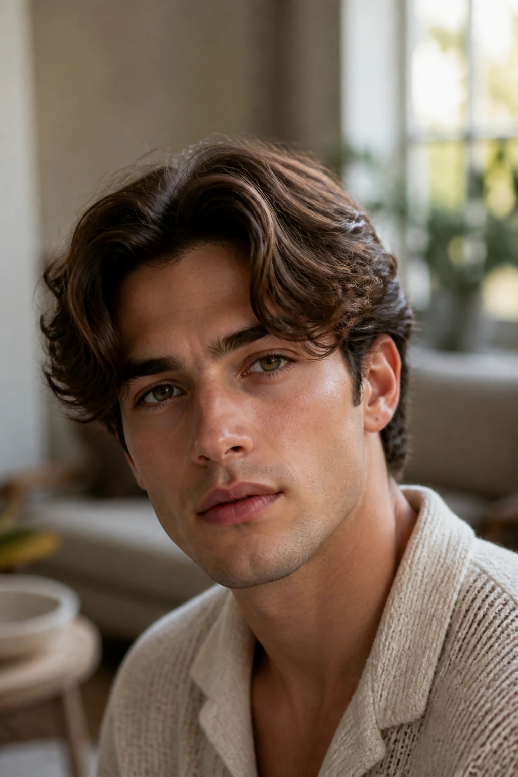 Man with curtain fringe and soft middle part in natural light.