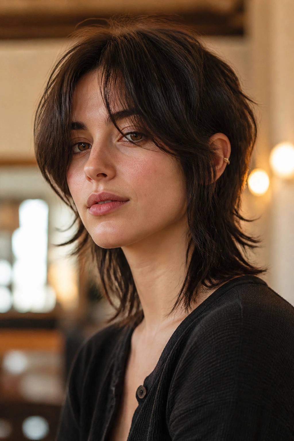 Close-up portrait of a real person with curtain fringe mullet