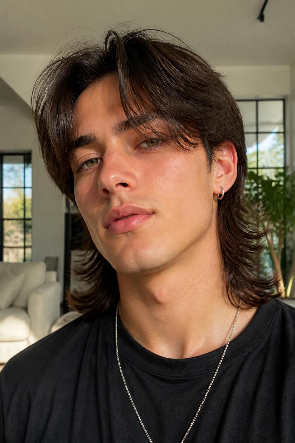Portrait of real person with curtain fringe mullet in natural daylight.