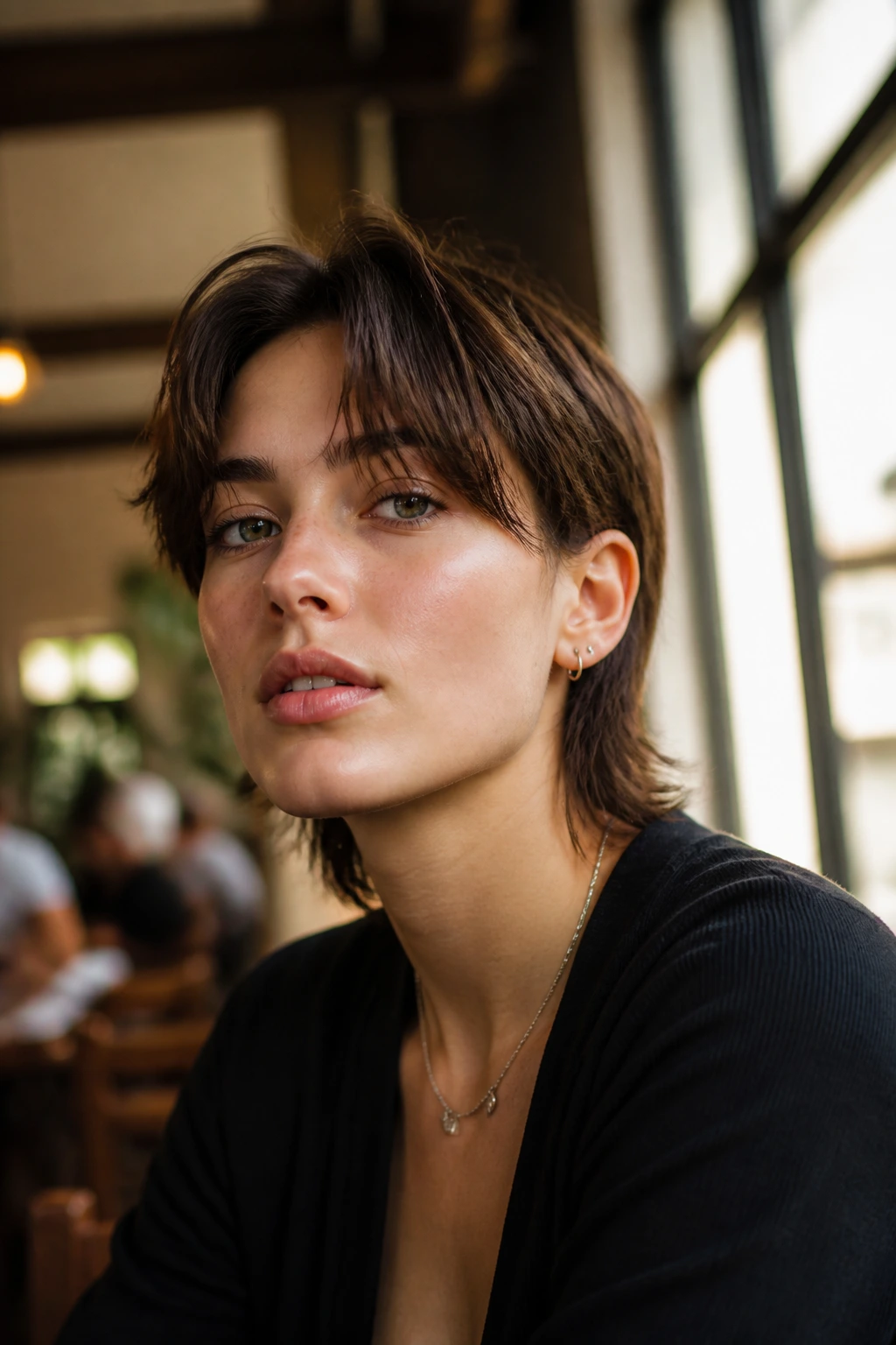 Real person with curtain fringe mullet, fringe opening across forehead, warm cafe light.