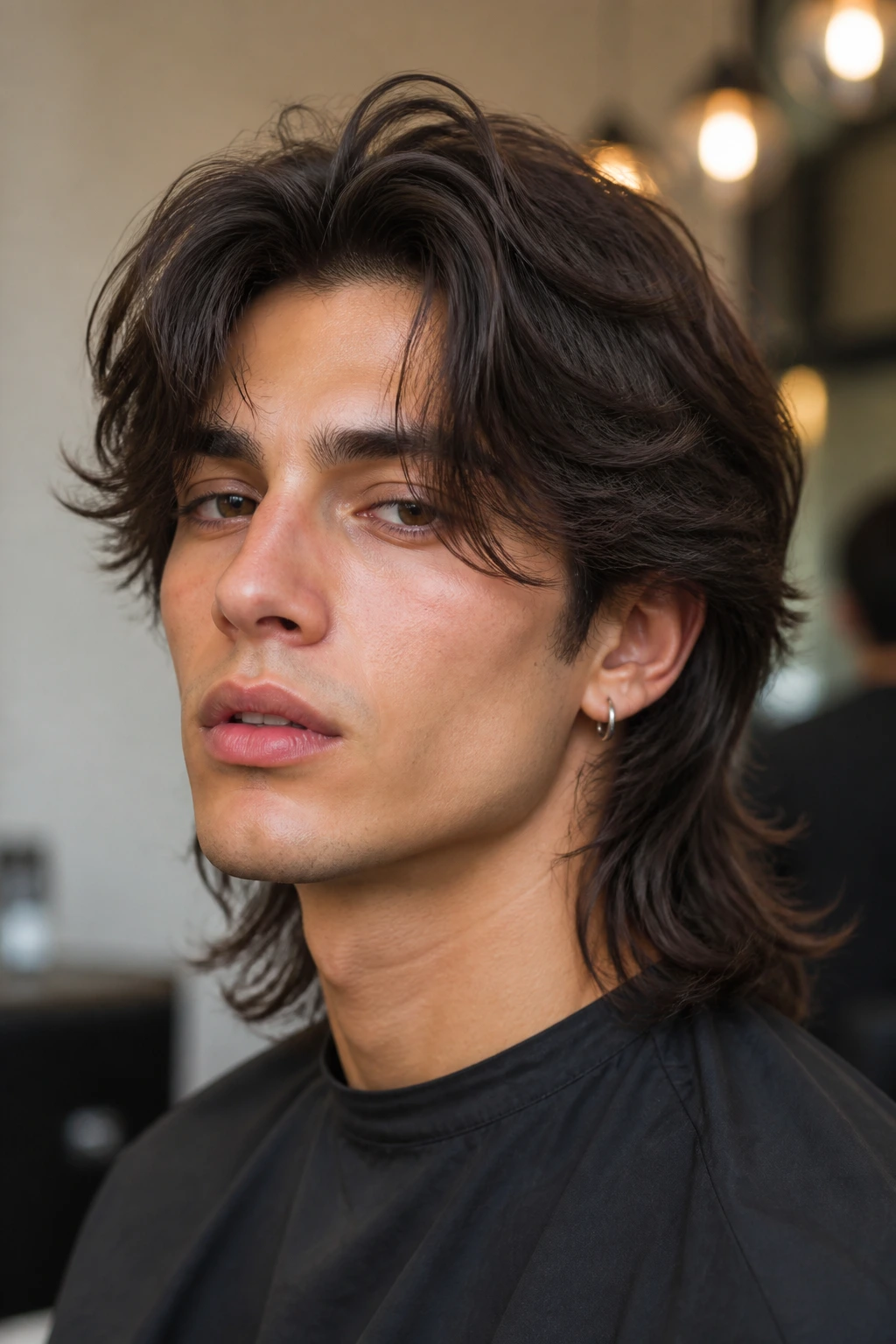 Close-up portrait of a real person with curtain fringe mullet and loose center part