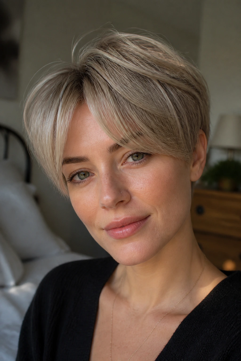 Curtain Fringe Pixie close-up portrait of a real woman with a soft curtain fringe on fine hair