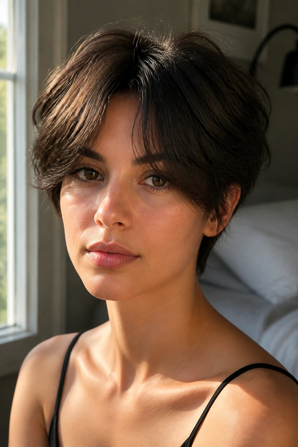 Close-up portrait of a real woman with curtain fringe pixie hairstyle