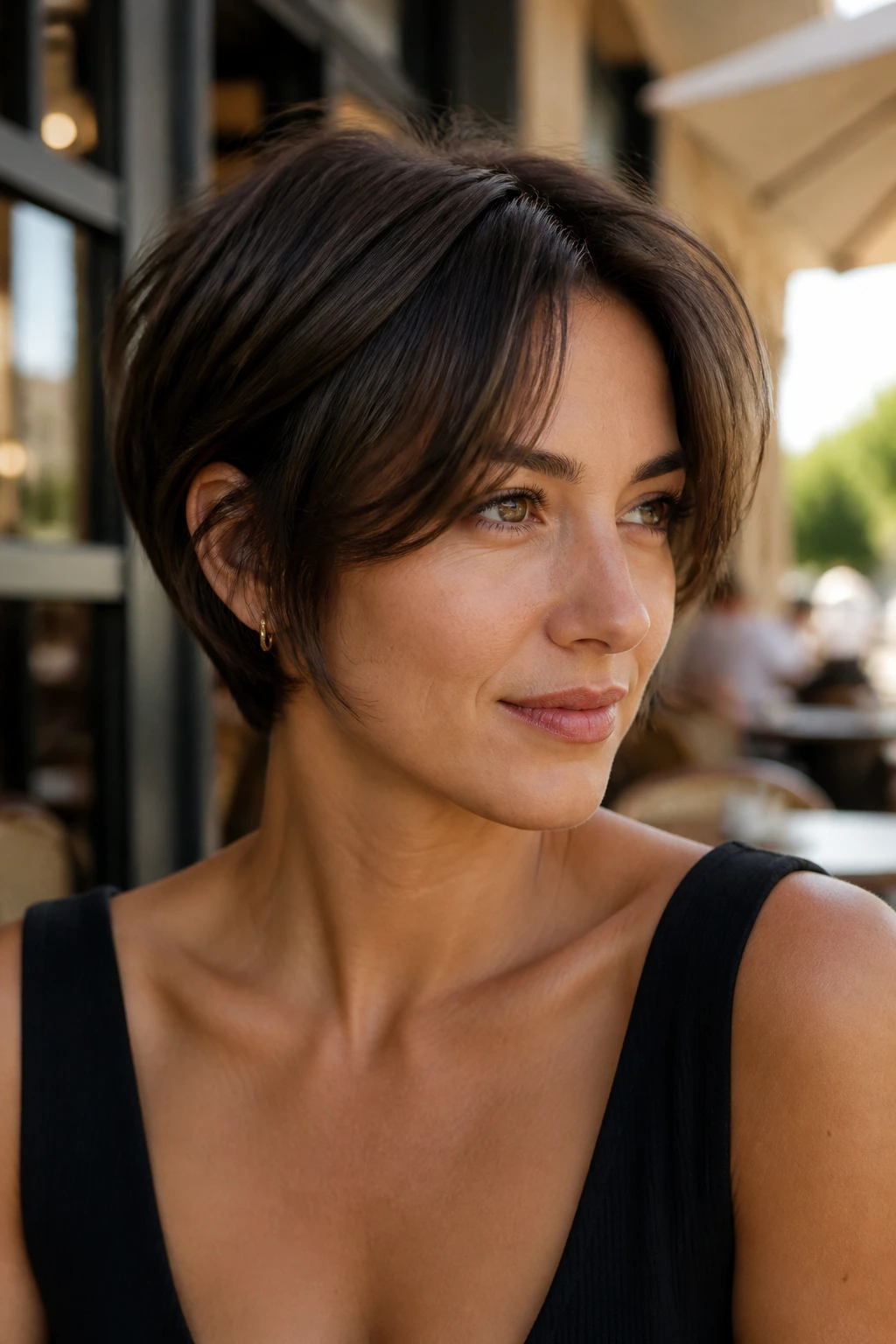 Close-up portrait of a woman with curtain fringe pixie bob in outdoor light