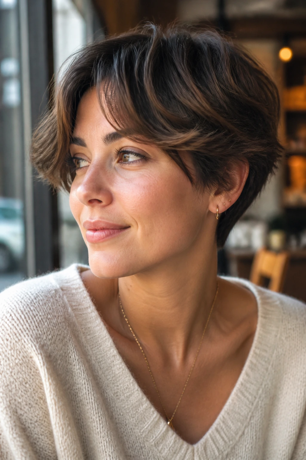 Close-up of real woman with curtain fringe pixie and soft wave.