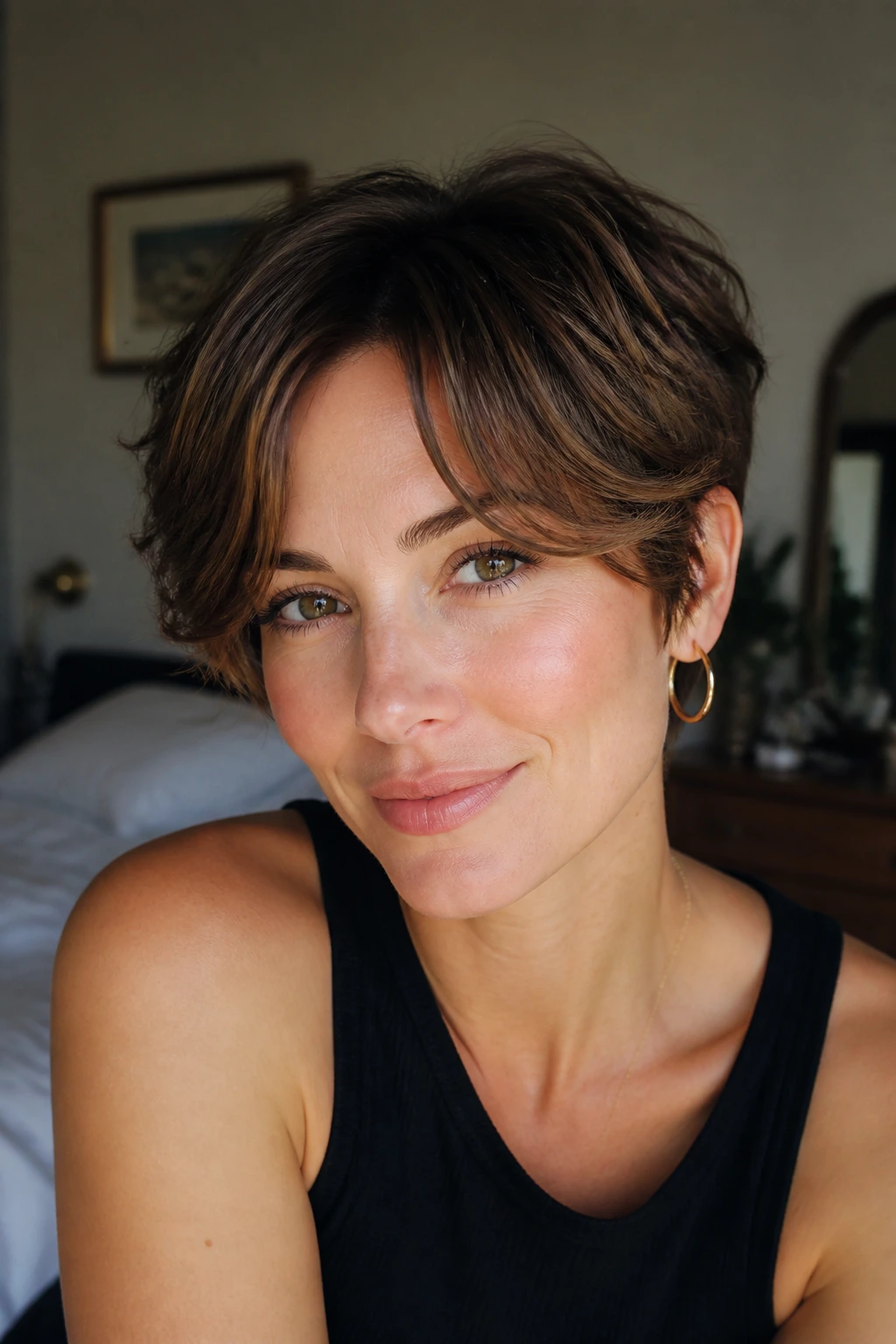 Close-up portrait of a real woman with curtain-fringe pixie and center-parted fringe.