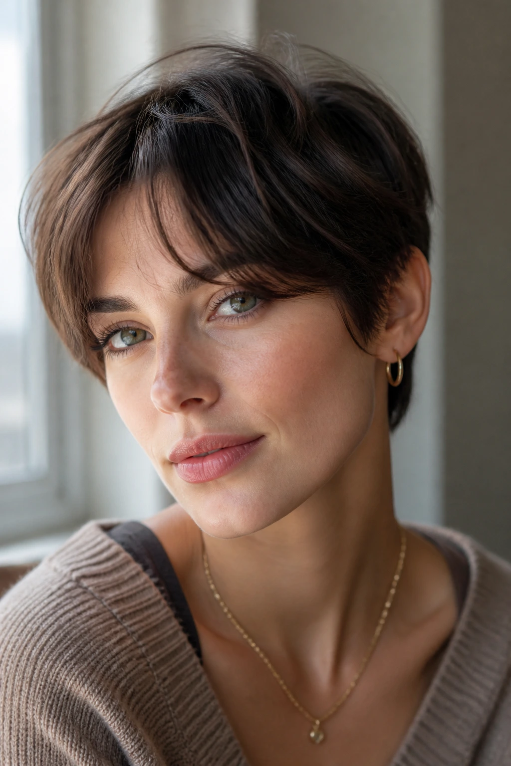 Close-up portrait of a woman with curtain fringe pixie hairstyle in natural light