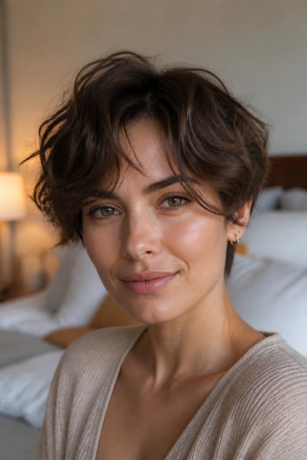 Close-up portrait of a real woman with curtain fringe pixie