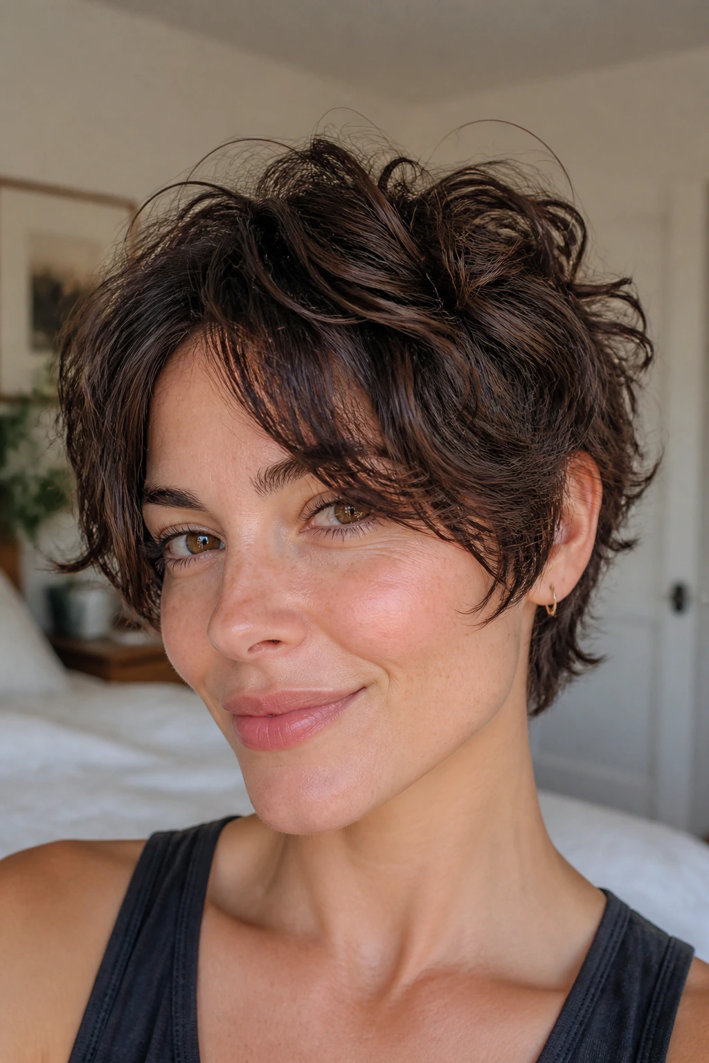 Close-up portrait of a real woman with curtain fringe pixie wolf hairstyle in bright window light.
