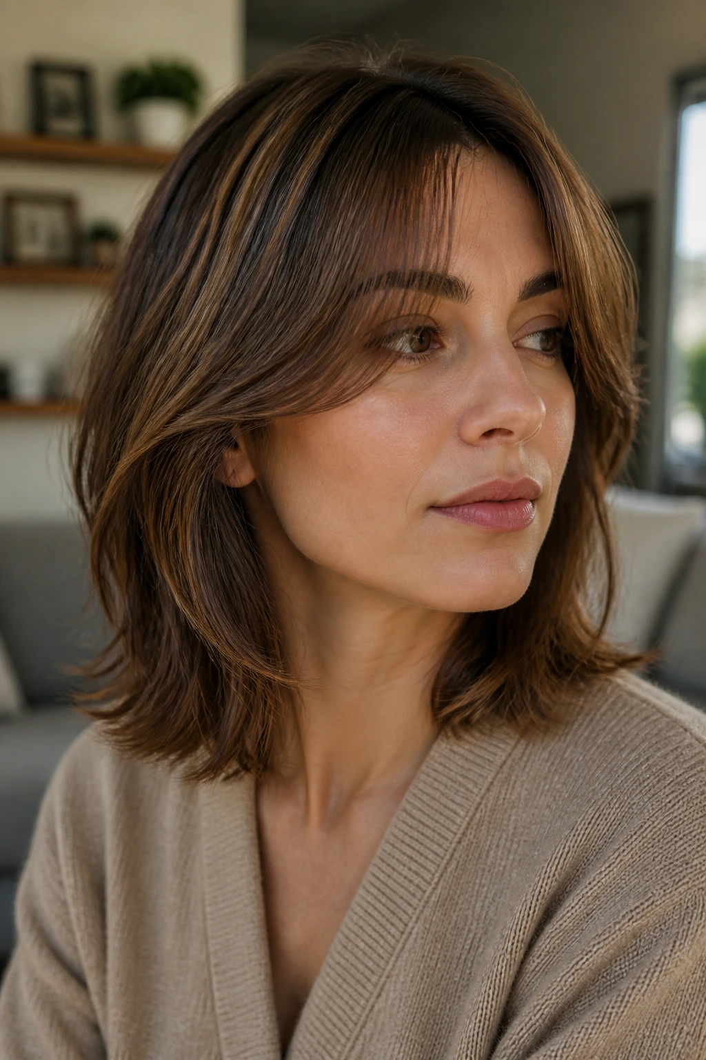 Close-up portrait of a person with side-swept curtain bangs in a cozy living room