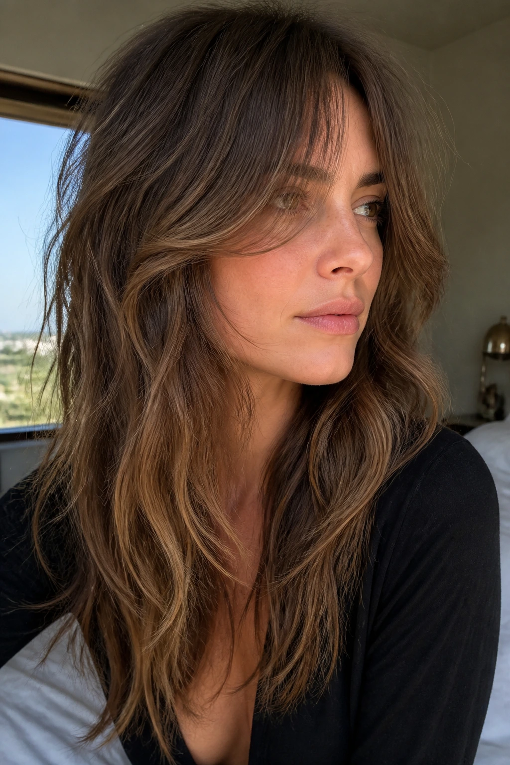 Close-up of a real woman with long curtain fringe in a bedroom setting
