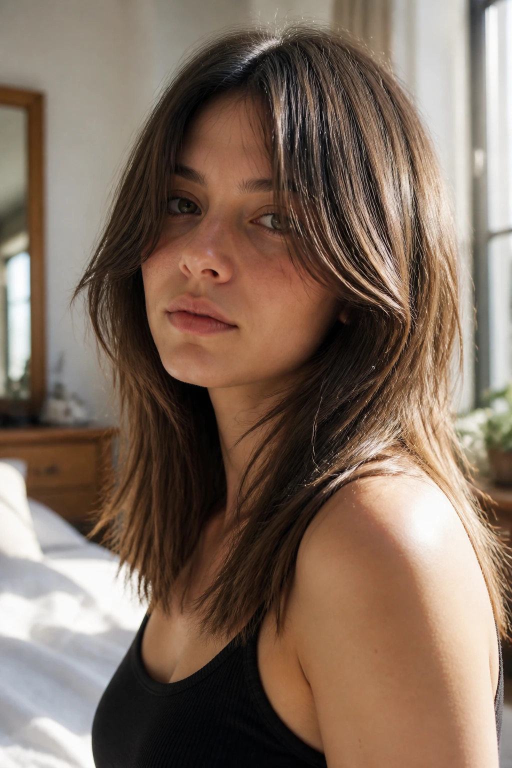 Close-up of a real person with curtain fringe shag showing center-parted curtain fringe