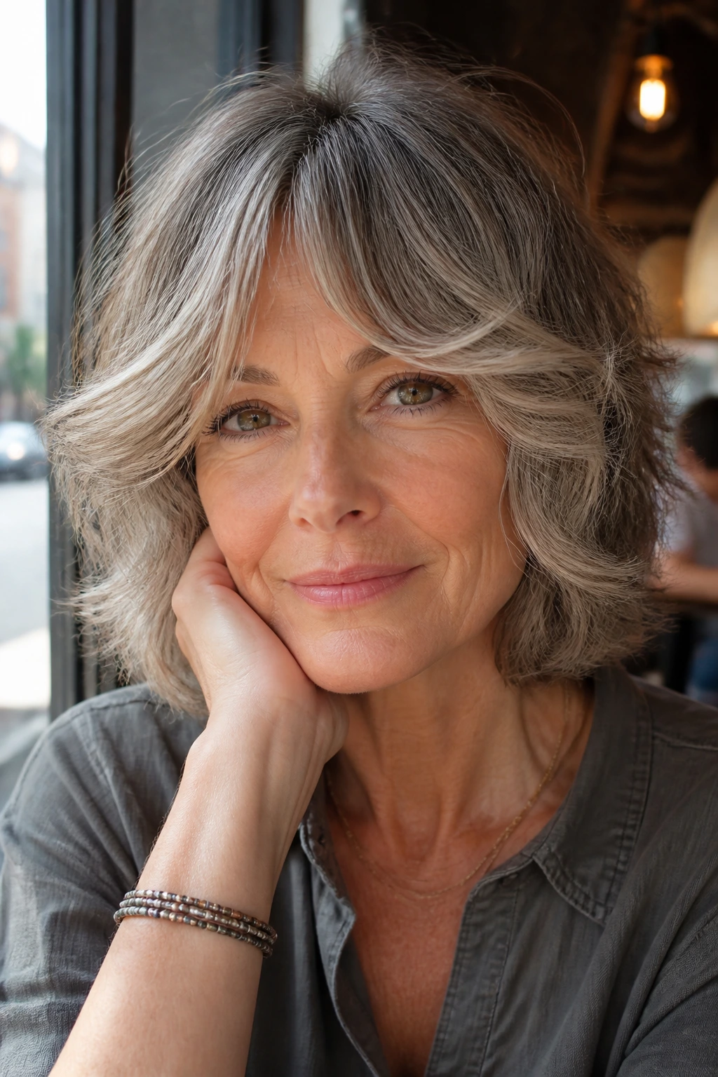 Close-up portrait of a real woman with curtain fringe and shag layers in daylight