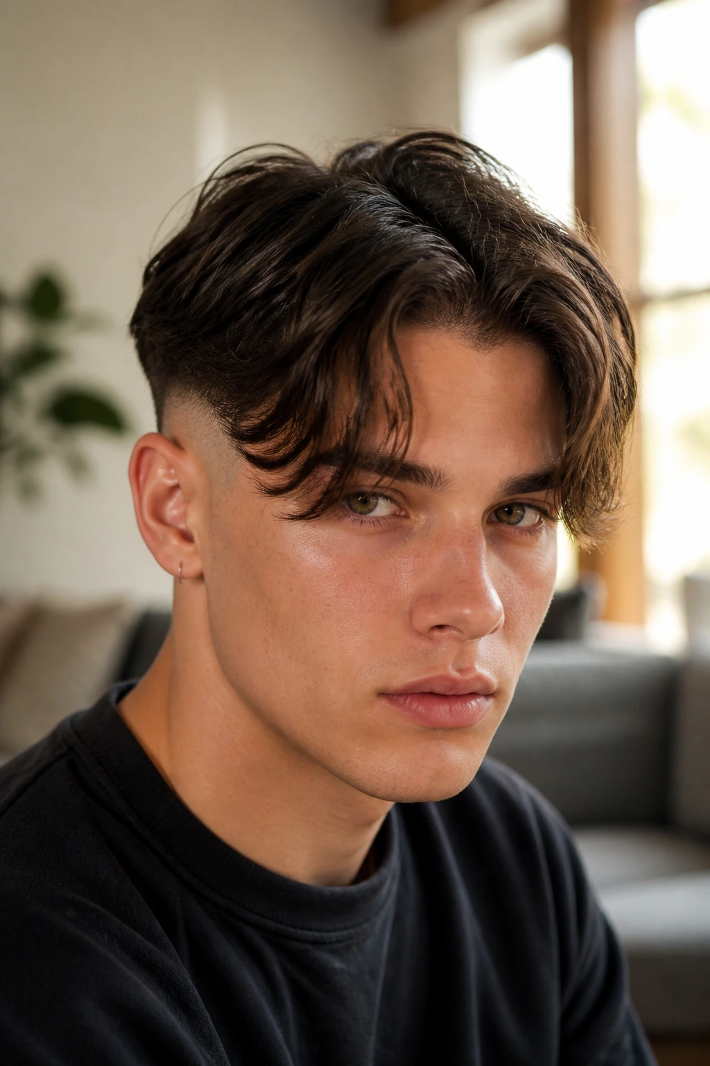 Close-up portrait of curtain fringe with shaved sides on a real person