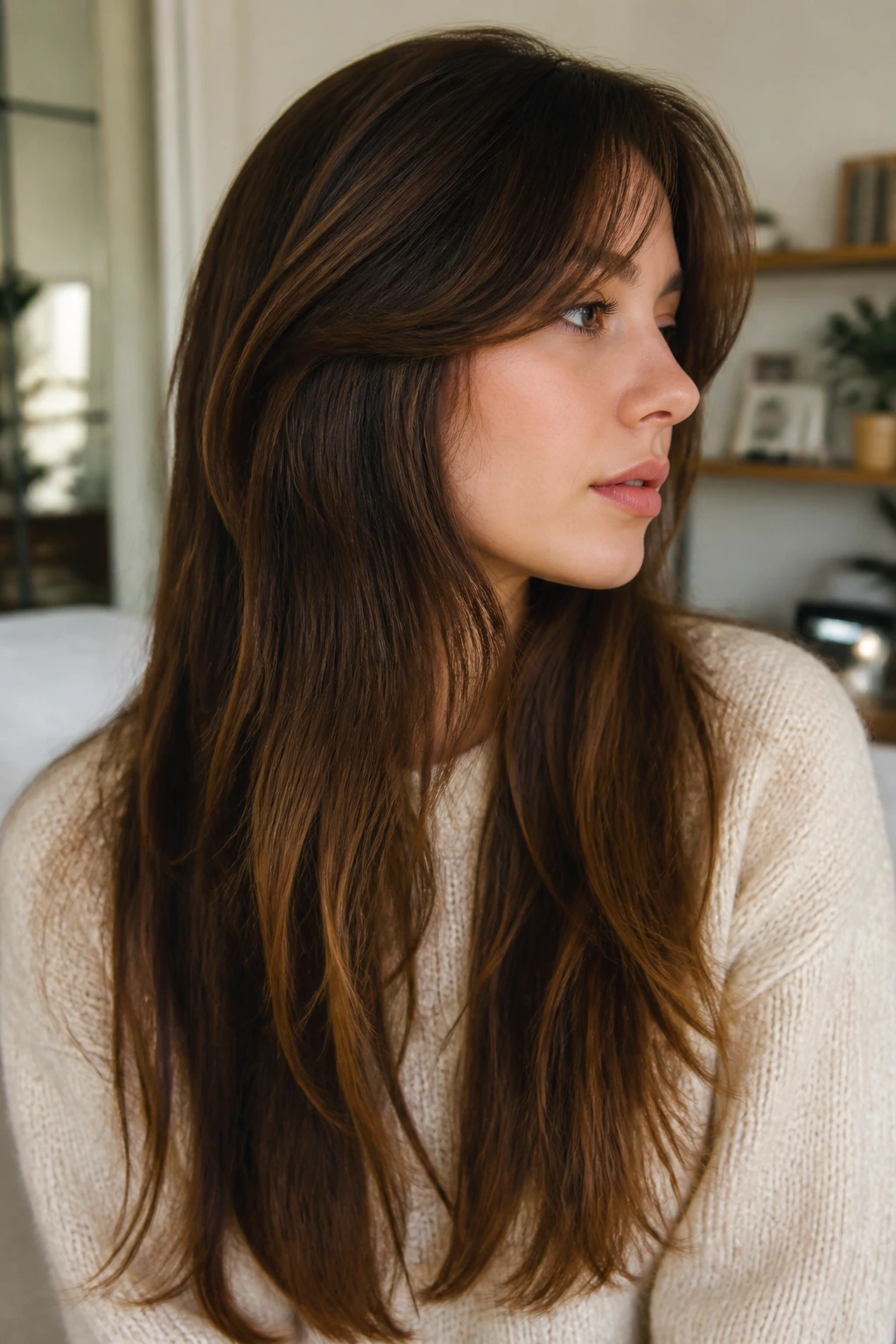Profile portrait of a person with curtain fringe variation