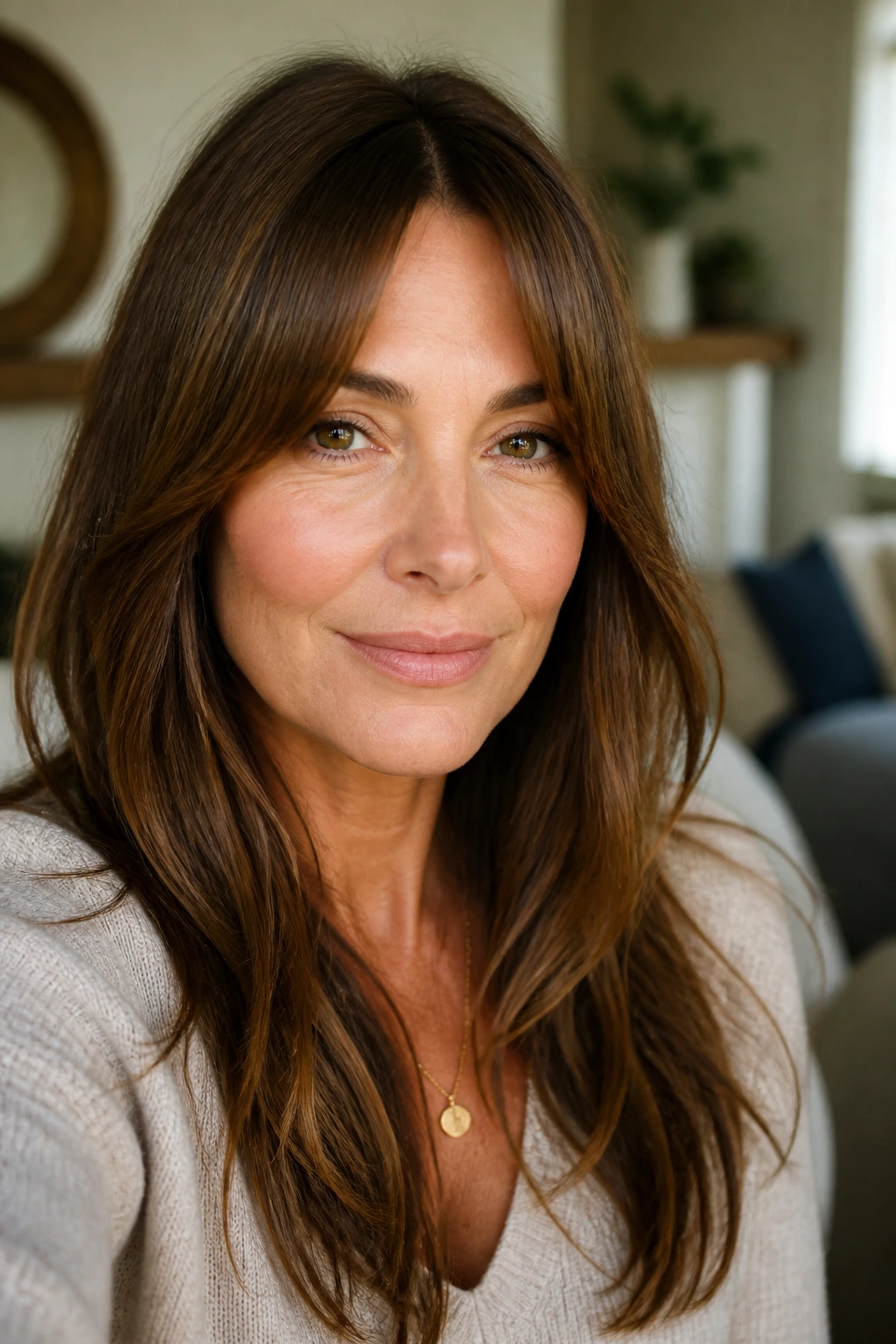 Close-up of a real woman with long curtain fringe offering a softer look variation