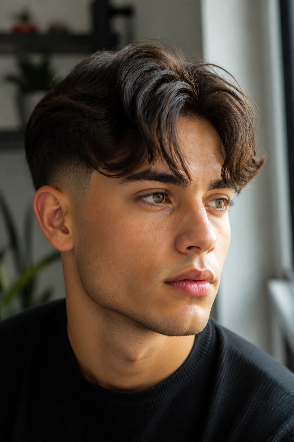 Close-up portrait of a man with curtain fringe and taper fade