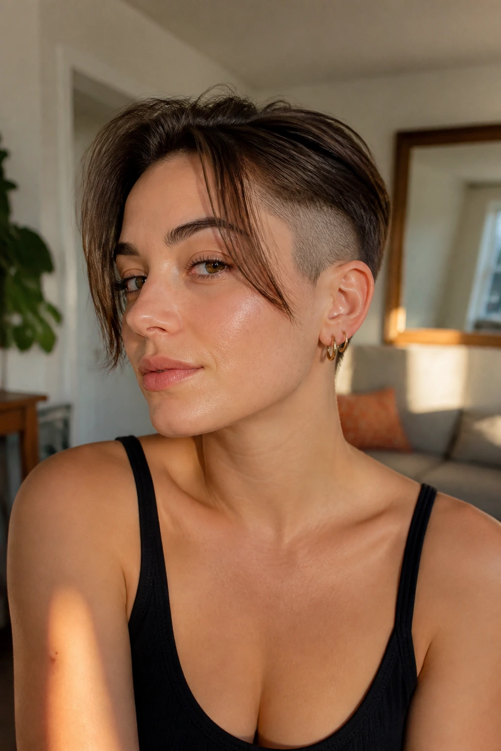 Close-up portrait of a woman with grown-out undercut and curtain fringe