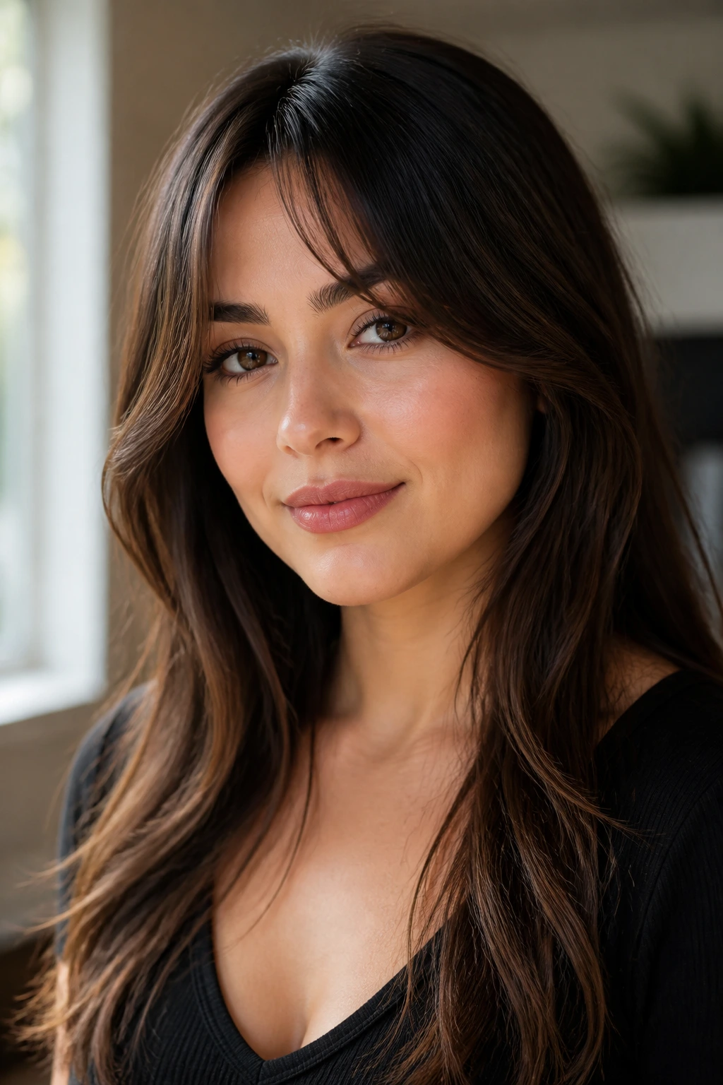 Portrait of a woman with a soft center-split curtain fringe and longer sides