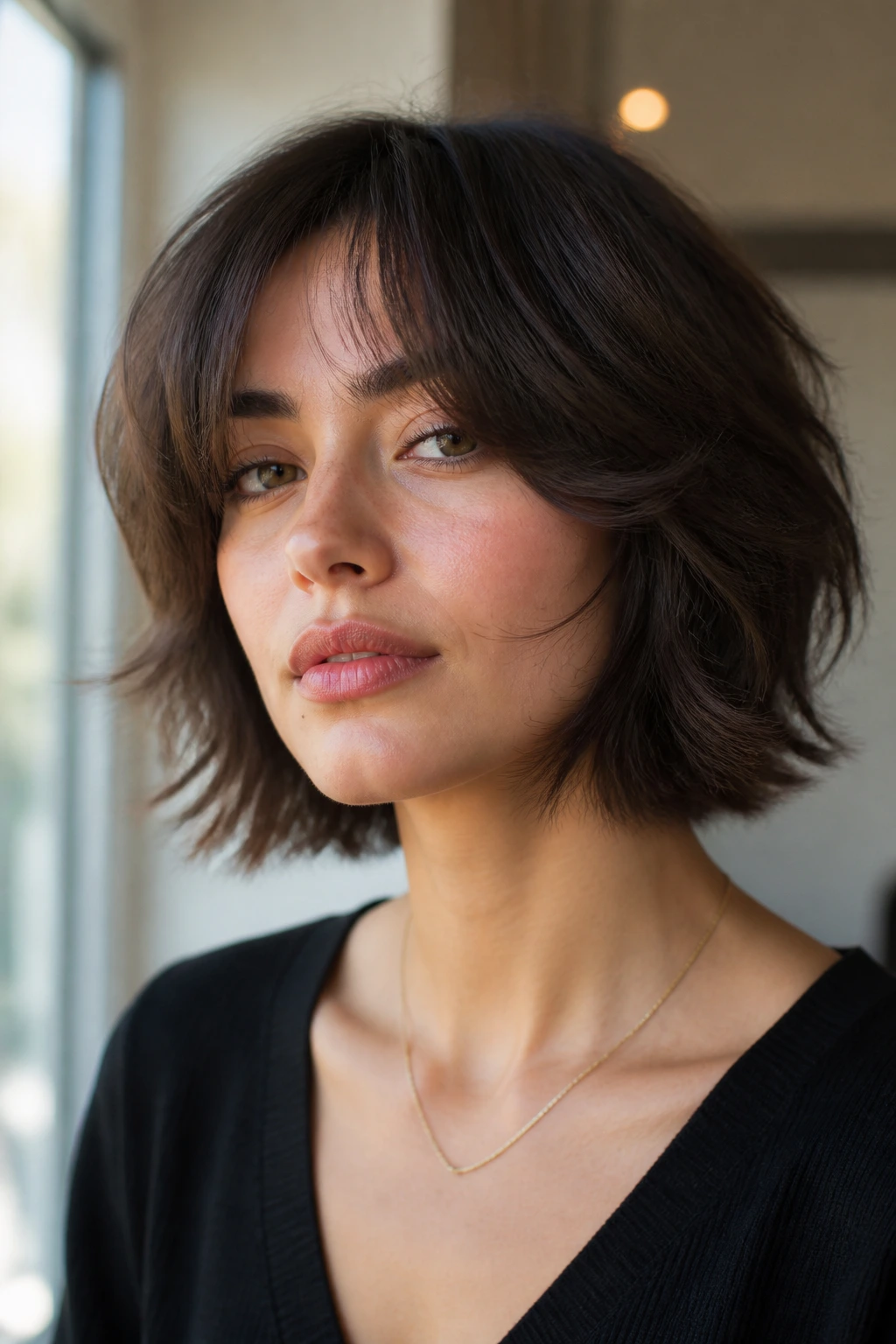 Close-up of a real woman with curtain fringe wolf bob