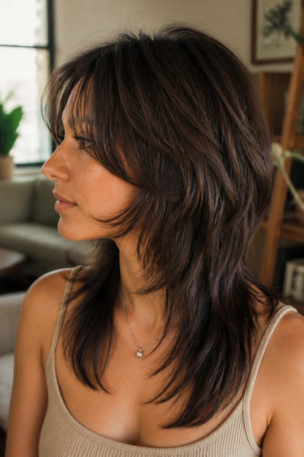 Profile shot of a real person with curtain fringe wolf and cheekbone lift.